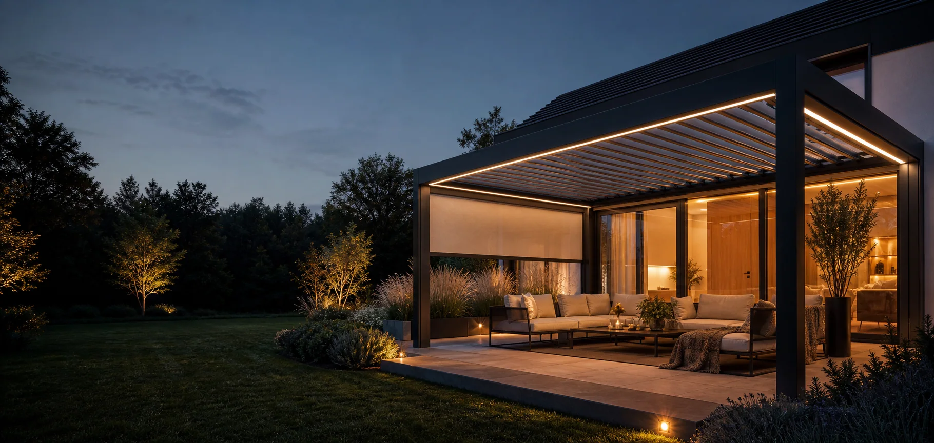 Pergola tarasowa z oświetleniem i przesłoną boczną
